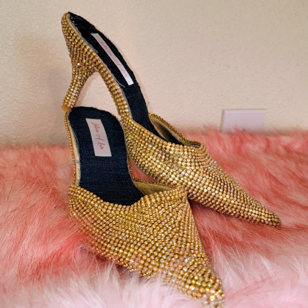 "LALA" Custom Order Denim & Diamonds AB Gold Crystal & Denim Mules